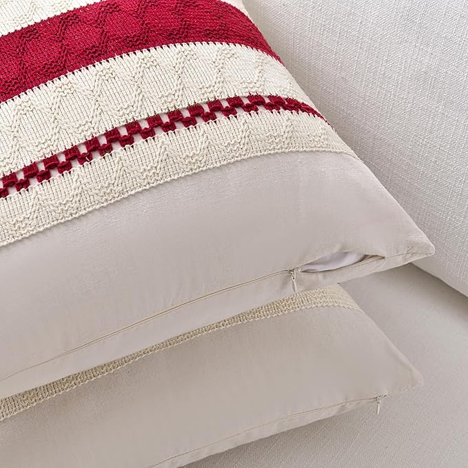 Fancy Homi Set of 1 Boho Red Long Lumbar Decorative Throw Pillow Cover 12x24 Inch for Couch Bed Sofa Chair, Modern Organic Farmhouse Home Decor, Soft Cotton Cute Accent Rectangle Cushion Case