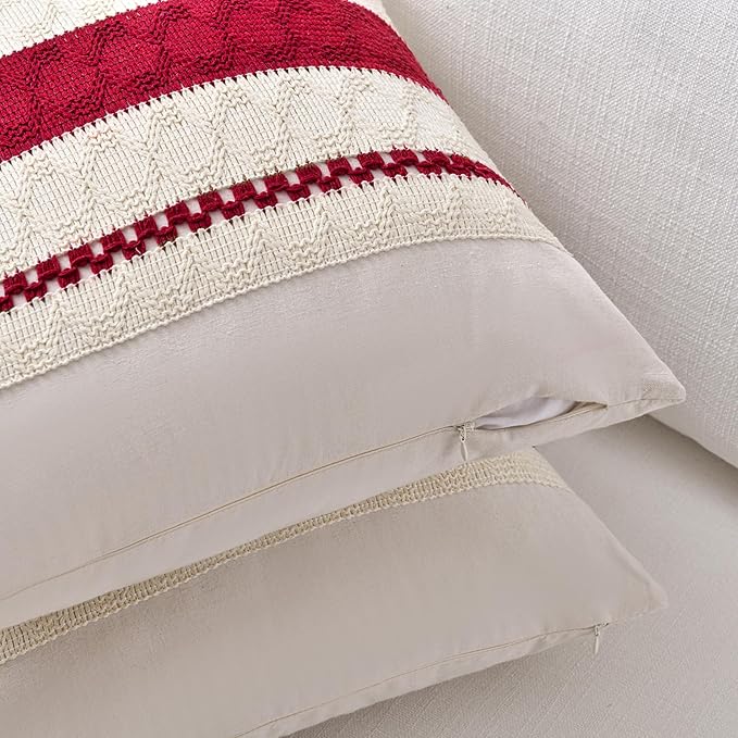 Fancy Homi Set of 2 Boho Red Long Lumbar Decorative Throw Pillow Cover 16x24 Inch for Couch Bed Sofa Chair, Modern Organic Farmhouse Home Decor, Soft Cotton Cute Accent Rectangle Cushion Case