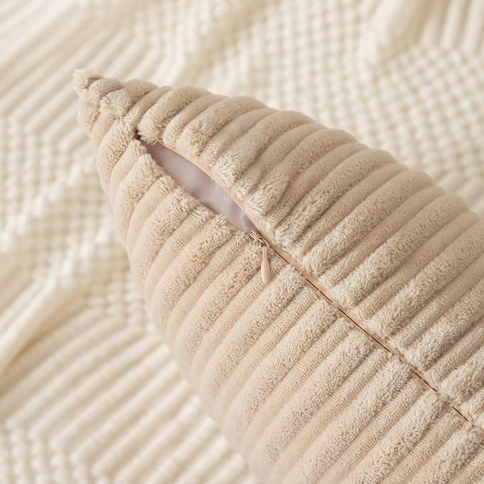 UGASA Velvet 24x24 Inch Soft Throw Pillow Cover Boho Farmhouse Decorative Corduroy Striped Both Sides Solid Square Cushion Case for Couch Bedroom Sofa Home, 1 Piece, Beige