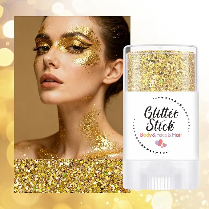 Body Glitter Stick, Holographic Sequins Face Glitter Makeup Neon Outfit Festival Rave Prom Party Accessories Hair Glitter Gel. (Gold)
