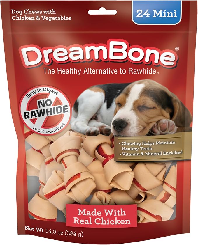DreamBone Mini Bone Rawhide-Free Dog Treats With Real Protein, 24 Count | Daily Chew, Digests Safely and Completely, Made With Real Protein, Chicken and Veggies, For Adult Dogs