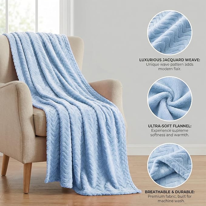 Exclusivo Mezcla Large Fleece Throw Blanket for Couch, Sofa, Light Blue | 50"x70" Soft Breathable Lightweight Flannel Throws for Summer, Plush Cozy Jacquard Wave Blanket for Home Decor