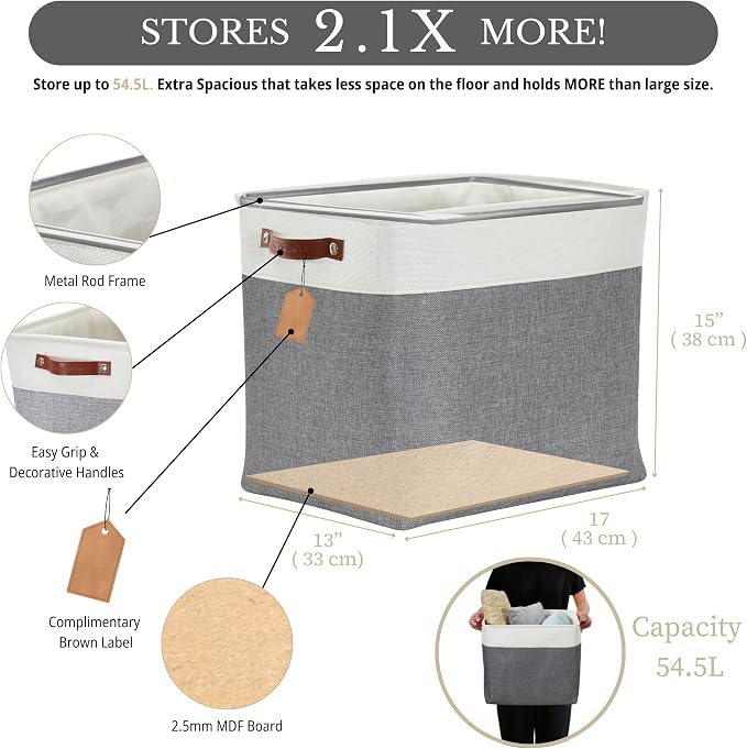DECOMOMO Extra Large Storage Baskets, 54.5L Fabric Storage Bins 3 Pack | XXXL Storage Baskets for Shelves, Linen Closet Organizers (Slate Grey & White,17" x 13" x 15" )