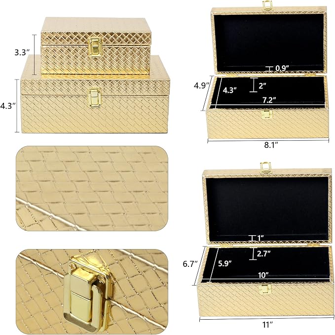 Faux Leather Decorative Jewelry Storage Organizer Boxes Set of 2, Gold | For Keeping Precious Keepsakes, Trinkets, Jewelry And Other Small Items Organized