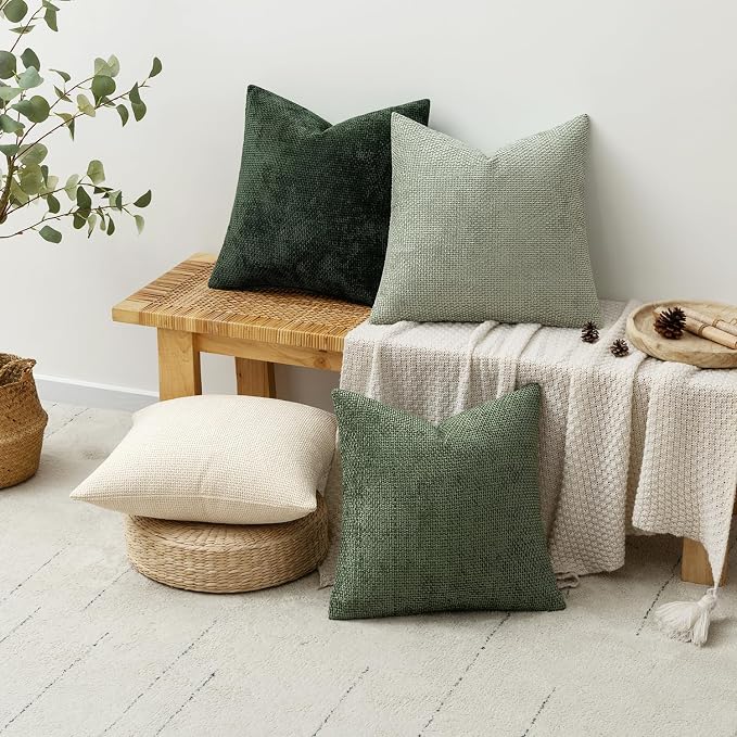 MIULEE Soft Decorative Chenille Pillow Covers Green 18x18 Pack of 4 | Nordic Home Decor, Nature-Inspired Green Set, Couch Throw Pillows, Farmhouse Boho Cushion Covers for Sofa Bed Living Room