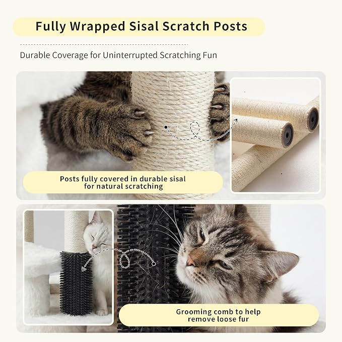Heybly Cat Scratching Post with Grooming Brush & Gentle Step, HSP001SWH | Small Cat Tree with 5 Full Sisal Posts, Removable Plush Bed, Stable & Space-Saving Cat Furniture for Indoor Cats, White