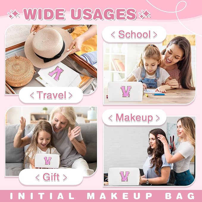 Small Initial Patch Makeup Bag Personalized Gifts Make Up Bag,White Cute PU Leather Glitter Letter Cosmetic Bag with Zipper,Trendy Portable Travel Toiletry Pouch,Preppy Stuff for Teen Girls Women V
