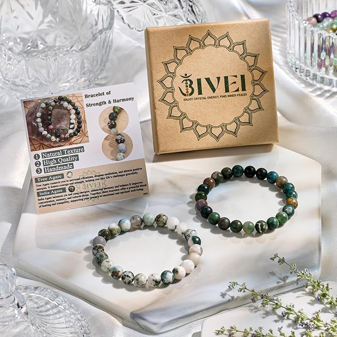 Bivei Natural Gemstone Semi Precious Healing Crystals Handmade Stretchy Round Beads Bracelet,Stocking Stuffers for Women Enhance Positive Energy