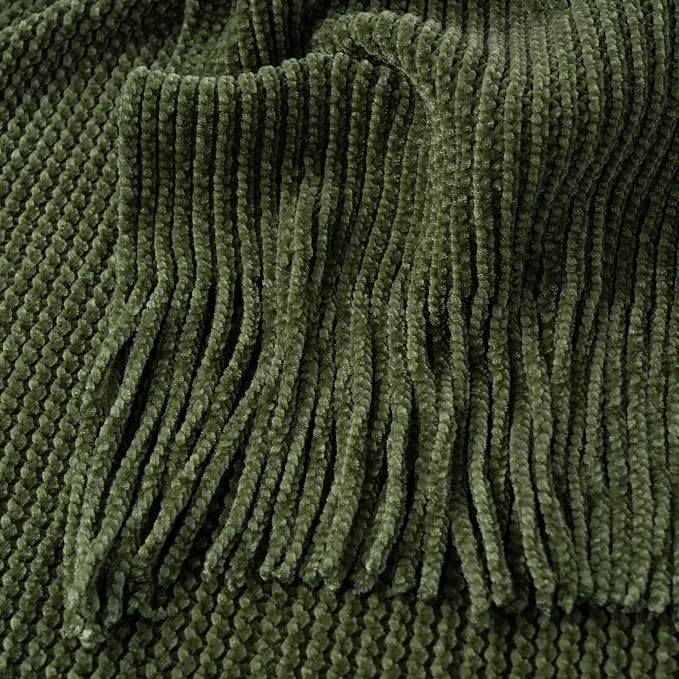 BATTILO HOME Olive Green Throw Blanket for Couch, 60"x80" | Soft Chenille Knit Throws with Tassels for Home Decor, Dark Green Blankets and Throws for Bed Couch Cover