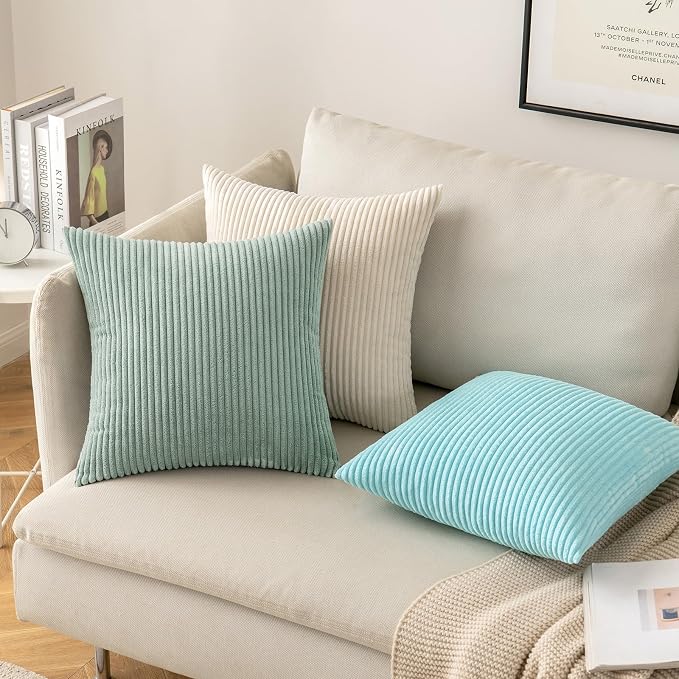 MIULEE Soft Corduroy Throw Pillow Covers Set of 2 18x18 Greyish Green | Decorative Striped Textured Cushion Cases, Boho Natural Greenery Pillowcases, Home Decor for Couch Chair Sofa Living Room