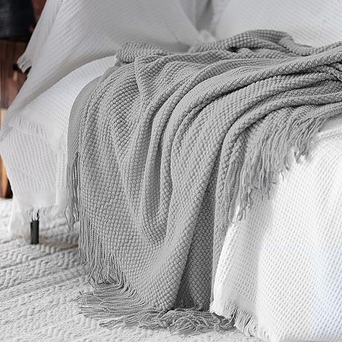 LOMAO Knitted Throw Blanket with Tassels Bubble Textured Lightweight Throws for Couch Cover Home Decor (Light Grey, 60x80)