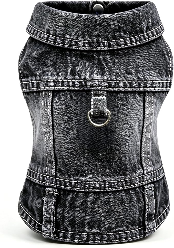 Dog Jean Jacket,Black Denim Vest for Small Pet,Cute Clothes with D-Ring | Soft Washed Cotton Denim Costume,Cool Apparel Dress Shirt for Puppy,Classic Coat Outfit for Small Dogs Cats Boy Girl