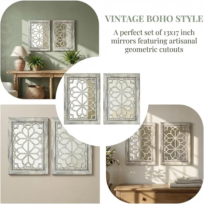 Set of 2 13x17 Inch Rectangular Shatterproof Decorative Wall Mirrors, Boho Farmhouse Rustic Vintage Grey Accent Mirrors for Living Room, Bedroom, Entryway & Home Wall Decor（Grey）