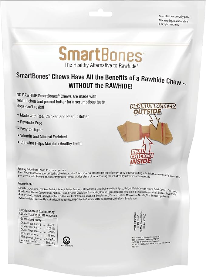SmartBones Mini Bones With Real Peanut Butter 56 Count, Rawhide-Free Chews For Dogs | With Real Peanut Butter & Chicken, Easy To Digest Chew, Vitamin & Mineral Enriched, Supports Dental Health, For Small Dogs