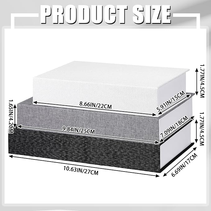 Tioncy 3 Pcs Decor Linen Faux Book Box Set Aesthetic DIY Fake Linen Book Box for Decor Storage Cafe Table Bookshelf Gift Home Keepsake(Multi Sizes,Black, White, Dark Gray)