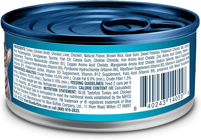 Blue Buffalo Tastefuls Turkey & Chicken Paté Wet Cat Food, 3 oz, 24 ct | Real Turkey First, Paté Style, No Chicken By-Product, Corn, Wheat, or Soy