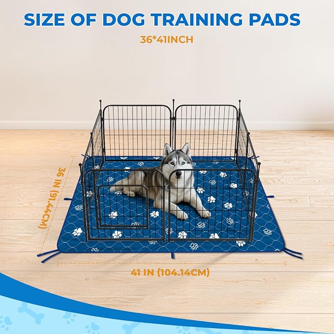 Fostanfly Washable Pee Pads for Dogs, Ultra-Absorbent, 2 Pack 36"x41" Blue | Leak-Proof, Waterproof, Non-Slip, Large Reusable Pee Pads for Puppy Potty Training, Crate and Playpen with 8 Tie Straps