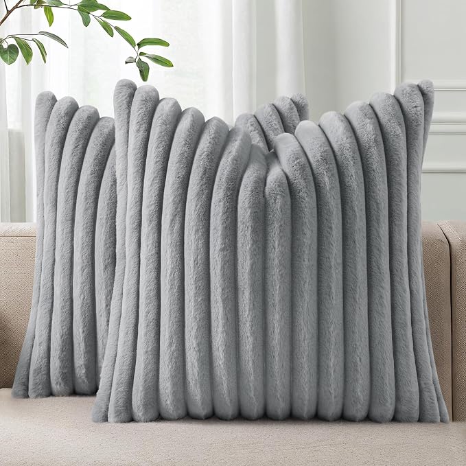 Pallene Faux Fur Decorative Throw Pillow Covers 22x22 Set of 2, Grey | Luxury Plush Texture, Striped Design, Cozy Soft Touch, Modern Home Accent Decor for Couch, Sofa, Bed, Living Room