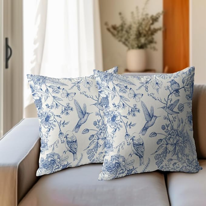 Kawani Chinoiserie Blue Floral Pillow Covers 18x18 Inch, Set of 2 Vintage Flowers Hummingbirds Cotton Linen Square Pillowcase Cushion Cover for Couch Sofa Garden Patio Bedroom Livingroom