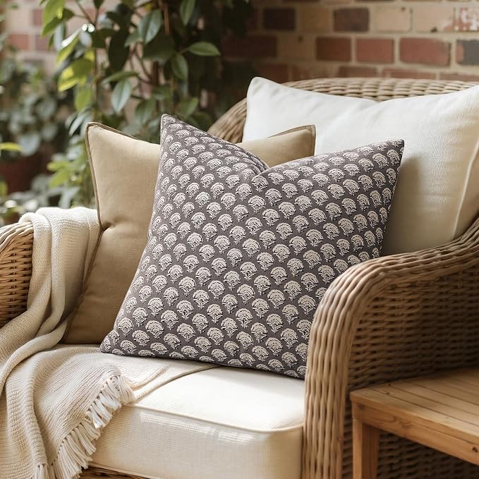 MIULEE Floral Print Decorative Pillow Covers 18x18, Stone Grey | Vintage Boho Farmhouse Modern Home Decor, Set of 2, Block Print Cushion Covers for Couch Sofa Bed Living Room