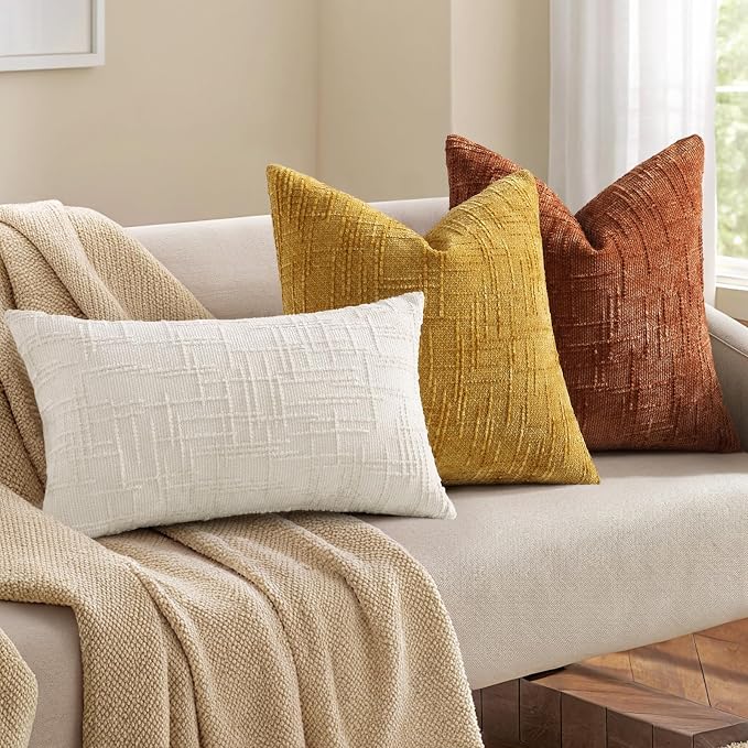 decorUhome Textured Chenille Throw Pillow Covers 20x20 Set of 2 Rust | Fall Modern Farmhouse Soft Cozy Slubby Couch Pillow Cases Boho Decorative Pillow Cases for Bed Sofa Living Room Home Decor