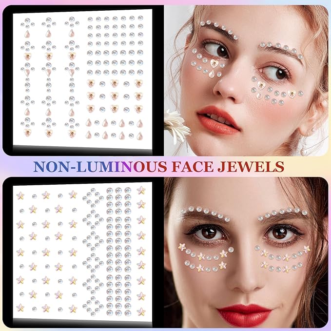 Erythem Face Gems for Women 6 Sheets Face Jewels Stick On Self Adhesive Rhinestones Stickers for Makeup Music Festival Rave Party (4Luminous)