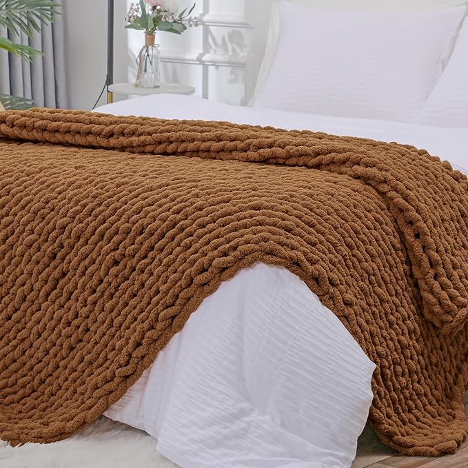 Bigacogo Chunky Knit Throw Blanket for Couch, 51x63 inches, Caramel | Hand Knit with Jumbo Chenille, Soft Breathable Cable Knit for Sofa Bed Living Room, Machine Washable, Gift for Mom Friend
