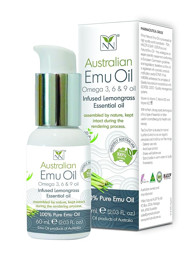 Y Not Natural Pure Emu Oil - Organic Moisture for Face, Body, Hair, Scalp & Nails - Rich in Omega 3-6-9, Vitamins & Essential Minerals - Australian Emu Oil (60ml) 2.03 fl oz - Lemongrass