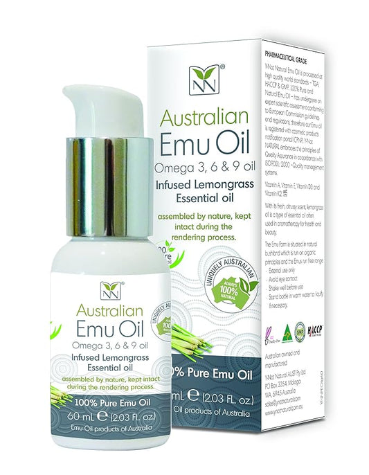 Y Not Natural Pure Emu Oil - Organic Moisture for Face, Body, Hair, Scalp & Nails - Rich in Omega 3-6-9, Vitamins & Essential Minerals - Australian Emu Oil (60ml) 2.03 fl oz - Lemongrass