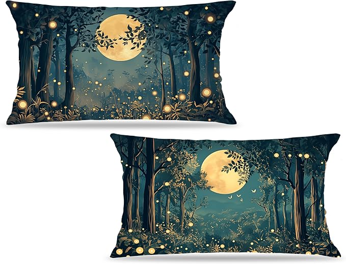 Rustic William Morris Inspired Night Moon Forest Decor Pillow Covers 20x12 Set of 2,Vintage Black and Gold Landscape Nature Botanical Decorative Throw Pillow Covers for Home Bedroom Living Room