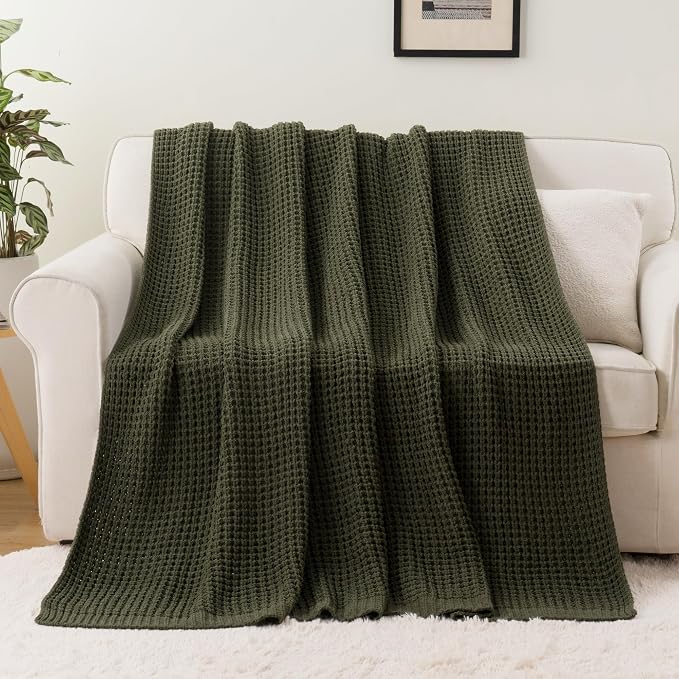 Olive Green Throw Blanket for Couch, Waffle Knit Blanket Throw 50"x60" | Chunky Chenille Throw Blanket, Soft Dark Green Throw Blanket for Home Decor, Sofa, Men, Modern Farmhouse Knitted Style