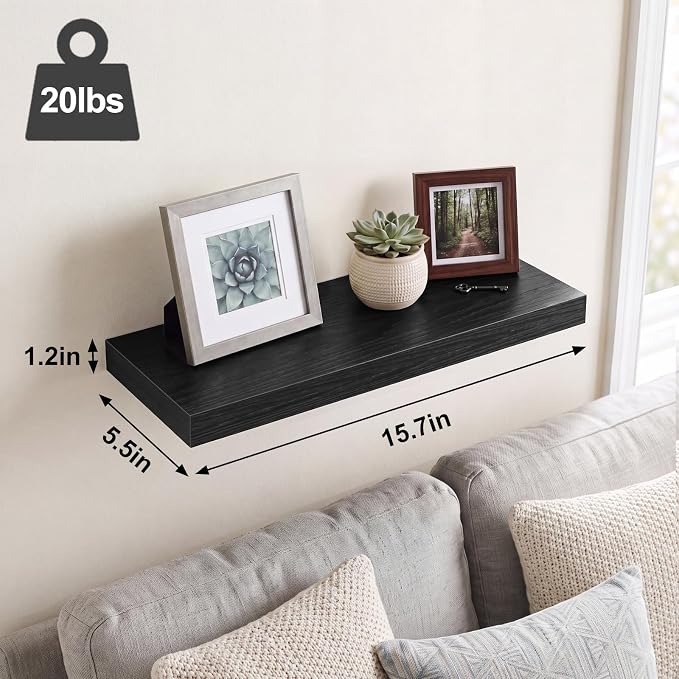 Fixwal Floating Wall Shelves for Decor (Black, Set of 6, 15.7 Inch) | MDF Shelves with Metal Brackets, Space Saving for Books, Decor, Works in Bathroom, Kitchen, Living Room, Bedroom