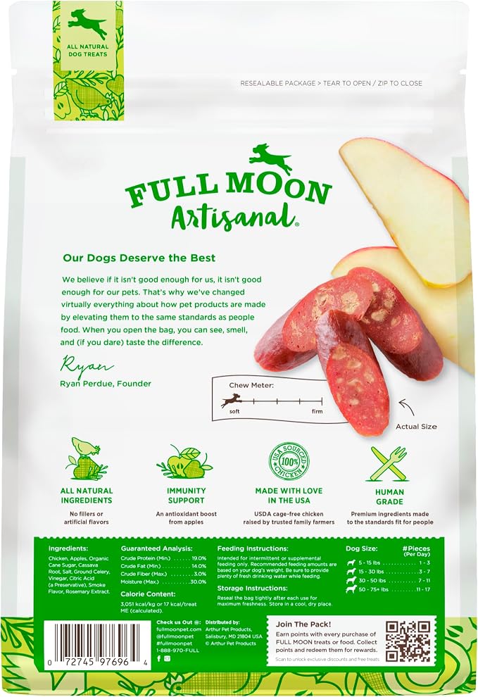 Full Moon® Chicken Apple Sausage Dog Treats 12 oz | Human Grade, No corn, No wheat, No soy, Glycerin Free, Made in the USA