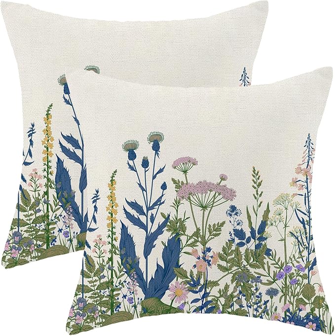 AEIOAE Navy Blue Teal Pillow Covers 22x22 Inch Set of 2, Spring Wildflower Plant Throw Pillows Case,Seasonal Floral Outdoor Decorative Flowers Farmhouse Decor Cushion Covers for Home Sofa Bed Couch