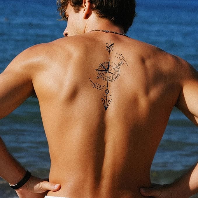 2 Sheets Long Lasting Compass Temporary Fake Tattoos For Men Arm Spine,Arrowhead Semi Permanent Tattoo For Adults Boys,Realistic, Waterproof and Non-Reflective