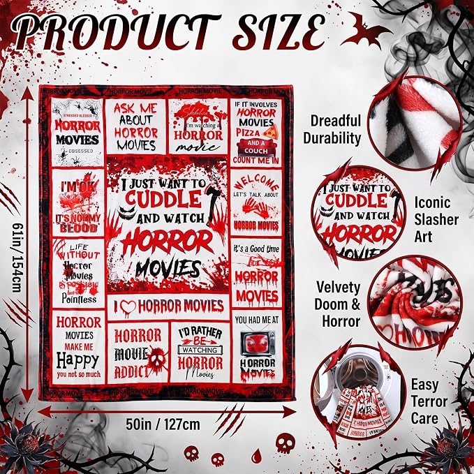 50"x 60" Horror Movie Throw Blanket Halloween Horror Movie Gifts | Scary Nightmare Plush Warm Blanket Black Red Halloween Decor for Home Sofa Decor Couch Bed