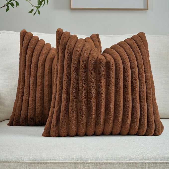 FUTEI Pack of 2 Faux Fur Throw Pillow Covers 24x24 Inch, Rust | Fluffy Faux Rabbit Fur Front/Premium Velvet Back,Hidden Zipper,Machine Washable,Non-Shedding,Colorfast,Insert Not Included.