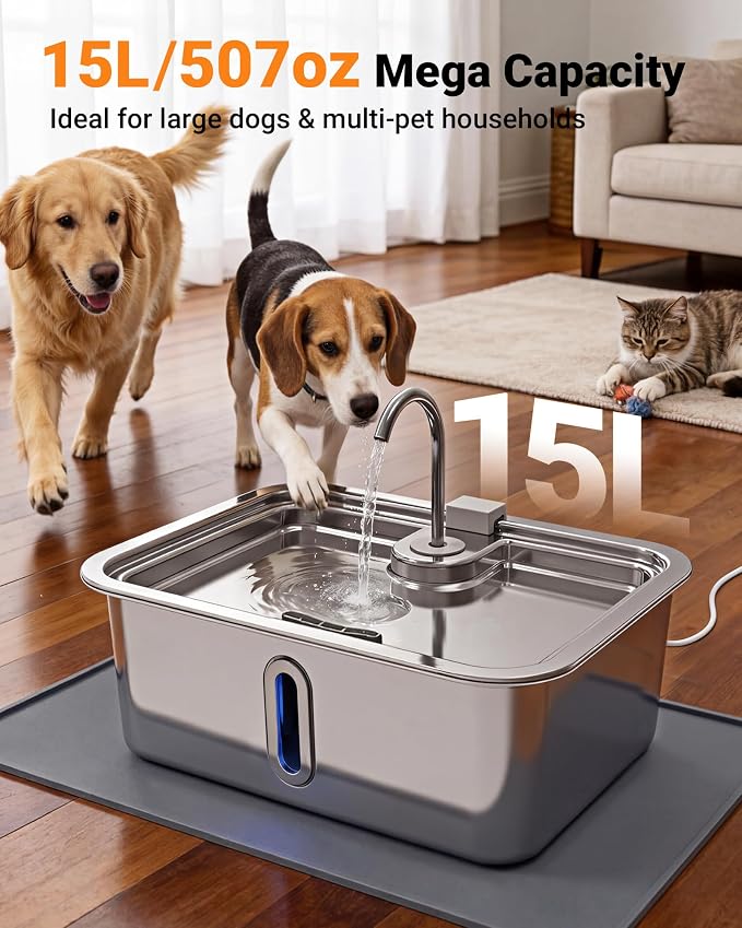 3.96Gal/15L Large Dog Water Fountain with Pet Feeding Mat and 3 Filters | Stainless Steel Pet Water Fountain for Dogs Cats, Dog Water Bowl Dispenser with Visible Window, Alert Light, Quiet Pump