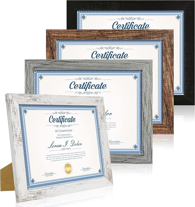 Hongkee 8.5 x 11 Picture Frame Set of 4, Made of Glass and Multicolour Certificate & Diploma Frame, 8.5 by 11 Photo for Wall or Tabletop - Display Picture 6x8 with Mat or 8.5x11 Without Mat