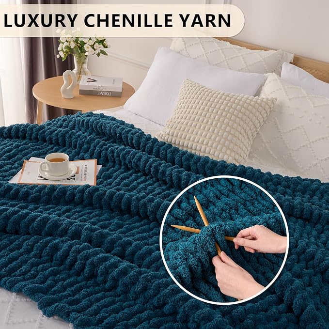 L'AGRATY Chunky Knit Throw Blanket for Couch, 60'' x 80'' Knit Throw, Blue | Handmade Chenille Crochet Blanket for Sofa Bed, Thick Cable Knitted Blankets for Room Home Decor, Birthday Gift for Women Mom