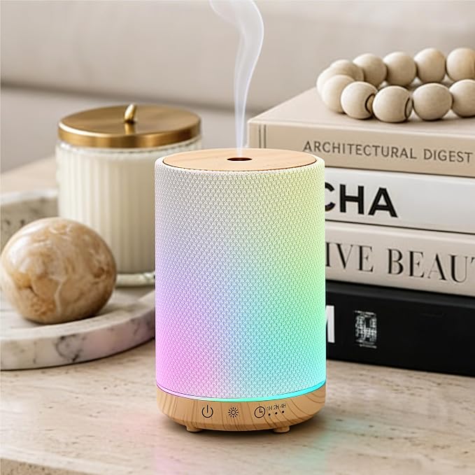 Essential Oil Diffuser 150ml, Fabric Texture Ultrasonic Aromatherapy Diffuser with 1/2/4H Timer, 7 Color Lights, Auto Shut-Off, Ultra-Quiet for Bedroom Home Office (White)
