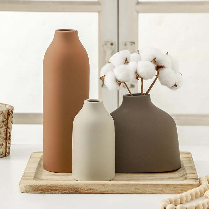 Enra Ceramic Vase Set of 3, Modern Minimalist Vases for Home Decor | Warm matte finishes in three sizes, perfect for pampas grass, dried stems, shelves, mantels and tabletop styling.