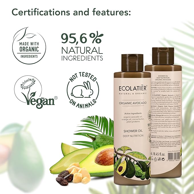 ECOLATIÈR Shower Oil – Organic Avocado Oil – Moisturizing & Nourishing Body Wash for Women, 95.5% Natural, Vegan, for Sensitive Skin - 8.5 Fl Oz (Avocado oil)