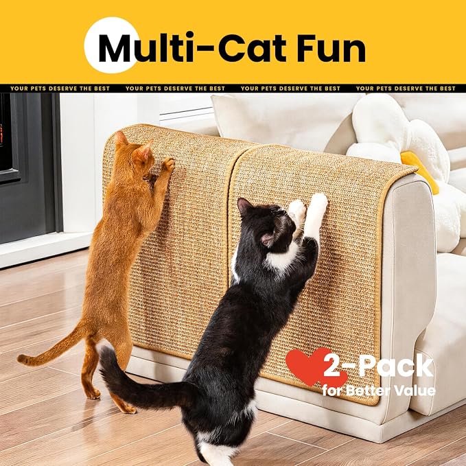 Conlun 2-Pack Cat Scratching Pads, 15.7x23.6in Sisal Wall & Couch Protector | High-density Sisal Mat, No Fraying, Mess-free, Anti-slip Backing, Adhesive Strips for Easy Mounting, Brown