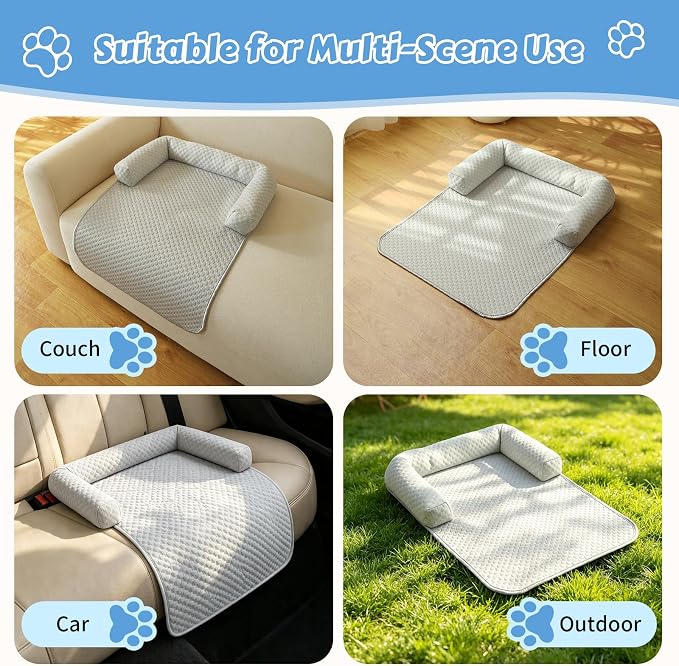 Cooling Pet Bed Mats with Neck & Head Support, 31.5 x 23.62 inch Grey | for Small and Medium Dogs & Cats, Non-Slip, Machine Washable, Protects Sofa from Fur & Scratches