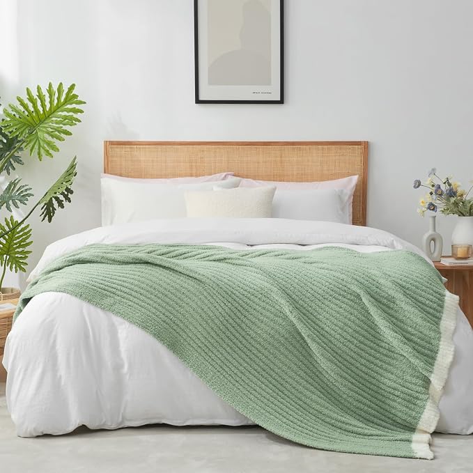 Snuggle Sac Fluffy Ribbed Sage Green Blanket Twin Size, Soft Luxurious Knit Fuzzy Microfiber Blankets for Sofa, Bed, Sage Green, 60x80 inches