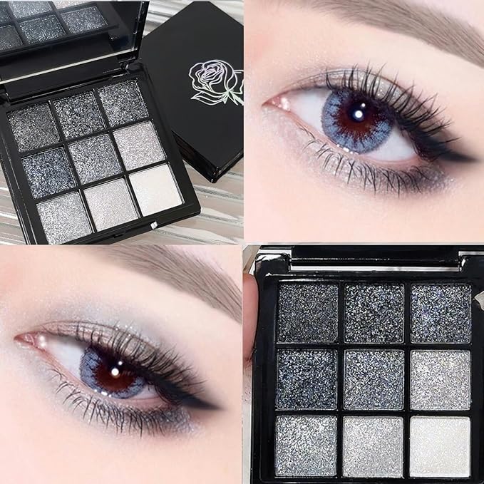 9 Colors Glitter Eyeshadow Palette, Black Silver Gray White Goth Shimmer Sparkly Eye Shadow Makeup Palette, Metallic Eyeshadow, Smokey Eye Glitter Makeup Sombras De Ojos