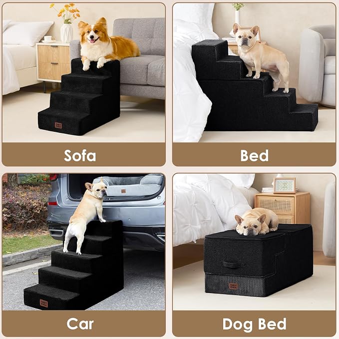 EHEYCIGA Dog Stairs for High Bed 25" H, Extra Wide Dog 5-Step, Black | Pet Steps for Small Dogs and Cats for Bed, Non-Slip Balanced Pet Ramp Indoor