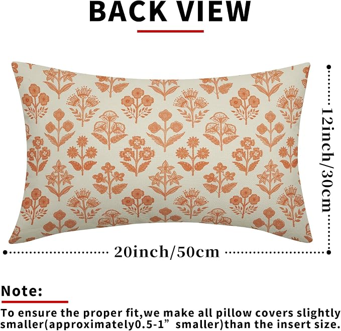 Orange Floral Pillow Covers 12x20 Inch Set of 2, Block Print Lumbar Flower Cream Decorative Throw Pillowcases Outdoor Farmhouse Rectangle Cushion Covers Spring Summer Sofa Couch Bed Decor