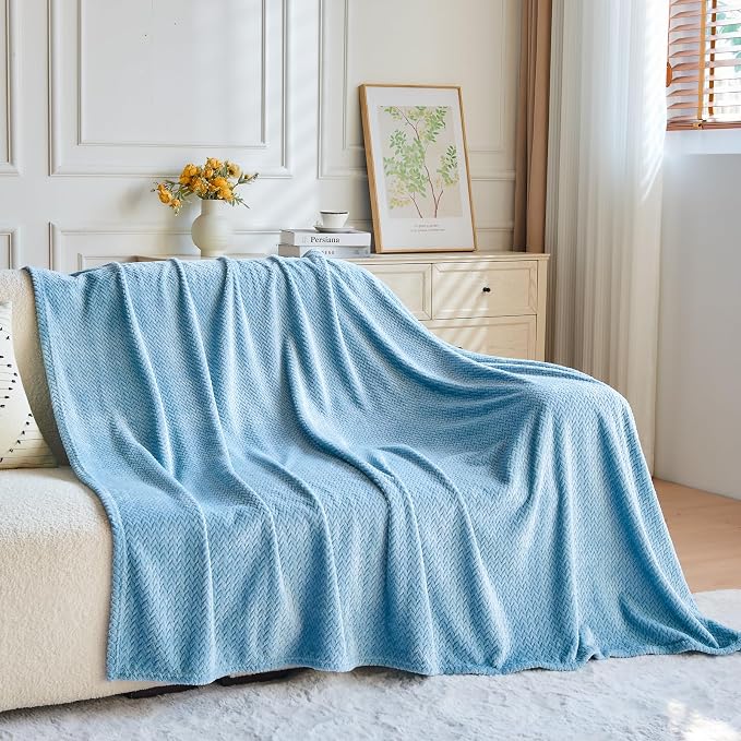 NEWCOSPLAY Fleece Leaves Pattern Throw Blanket, Light Blue, 50"x60" | Super Soft Throw Blanket, Lightweight Cozy Bed Sofa Blanket, Premium Silky Flannel Fleece, Travel Blanket for All Season Use